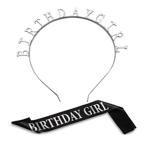 Silver Birthday Girl headband and black satin sash set for girls party decorations