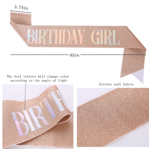 Detail of rose gold glitter birthday girl sash showing 3.74 inch width and laser foil text