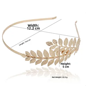 Golden leaf headband detail with measurements: 12.2cm width, 14.6cm length and 5cm height
