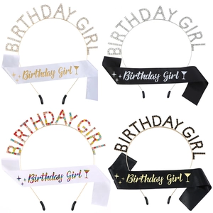 Écharpe Birthday Girl et Serre-tête en Strass Ruban Satin Pailleté Alphabet Alliage Tiara pour Filles Femmes Décor de Fête