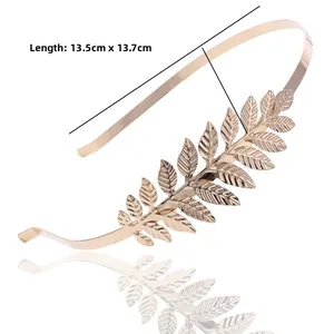 Detailed view of gold leaf headband with dimensions 13.5cm by 13.7cm in Greek style
