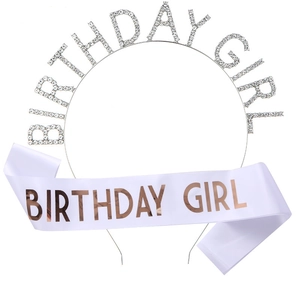 Kit fête Birthday Girl avec serre-tête en strass et écharpe en satin or rose