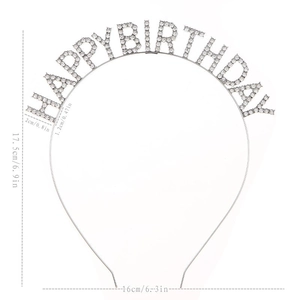Detailed dimensions of silver birthday headband with sparkling rhinestones for party