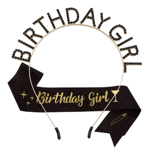 Ensemble serre-tête cristal Birthday Girl avec écharpe noire scintillante et épingle dorée