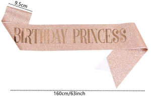 Rose gold glitter Birthday Princess sash detail with 9.5x160cm size measurements