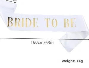 Detail of white satin Bride to Be sash with gold foil lettering and 160cm size dimensions