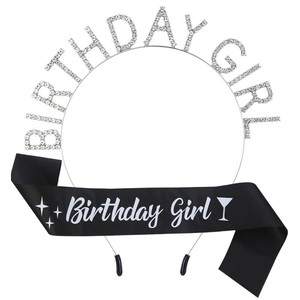 Kit d'anniversaire avec serre-tête en strass argenté et écharpe en satin noir chic