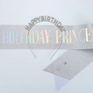 Detailed view of rhinestone Happy Birthday headband and glitter Birthday Princess sash