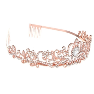 Detail showing rose gold crystal tiara with vine pattern and water drop gemstone