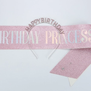 Pink glitter Birthday Princess sash set with a silver Happy Birthday headband and pin