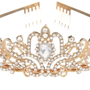 Detailed front view of gold-plated crown with sparkling crystals and water-drop diamond