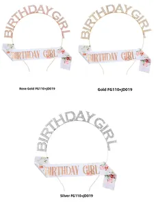 Drei Sets mit Birthday Girl Strass-Tiara und Blumenschärpe in Roségold, Gold und Silber