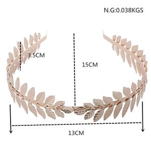 Detailed dimensions of gold laurel leaf metal headband with size and weight markings