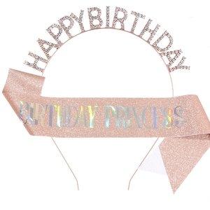 Detailed macro view of rose gold birthday headband with sparkling rhinestones and sash
