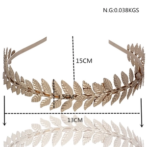 Detail view of golden laurel leaf headband crown showing size dimensions and 13cm width