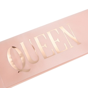 Pink satin birthday sash with metallic rose gold Queen lettering for party events