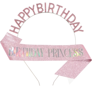 Rhinestone Happy Birthday Headband And Birthday Princess Glitter Sash For Women Girls Birthday Party Decor Accessories