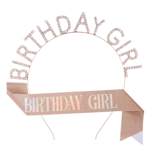 Rose gold Birthday Girl tiara with rhinestones and matching glitter sash party set