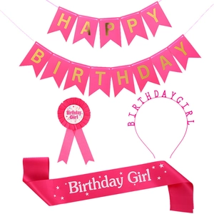 Pink Birthday Girl party set with gold foil sash, headband, badge and banner banner