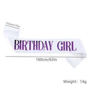 White satin Birthday Girl sash with purple foil text and 160cm length dimensions