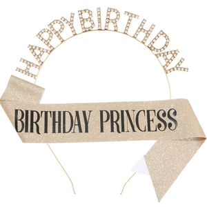 Detail of glitter Birthday Princess sash and rhinestones Happy Birthday headband set
