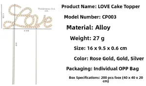Décoration de gâteau Love en métal avec strass, 16x9,5cm pour décor de mariage