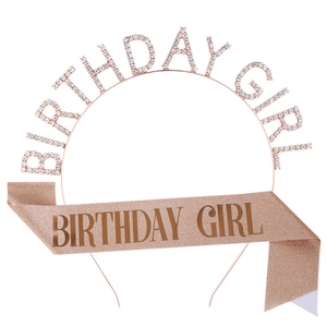 Rose gold Birthday Girl set featuring rhinestone headband and glitter sash for parties