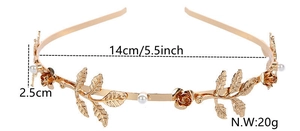 Detailed size parameters of gold leaf bridal headband with pearls and rhinestones