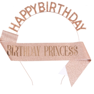 Rose gold birthday party set with glitter sash and rhinestone princess crown tiara