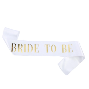 Elegant white satin Bride To Be sash with reflective gold foil lettering for bridal parties
