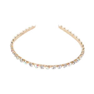 Close-up of golden metal headband with encrusted colorful rhinestones on white background