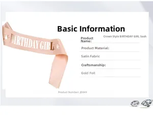 Close-up of pink satin Birthday Girl sash with gold foil crown and elegant lettering