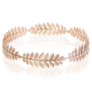 Rose gold Greek laurel leaf bridal headband crown with polished metal leaf texture