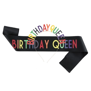Birthday Queen set featuring a black satin sash and metal headband with colorful letters