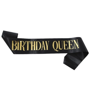 Elegant Birthday Queen black satin sash with premium metallic gold lettering for parties