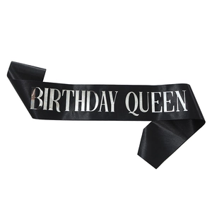 Black satin Birthday Queen sash with silver mirror lettering for party celebration