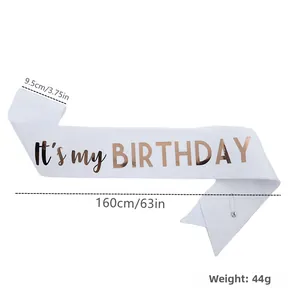 White birthday sash with rose gold glitter text showing dimensions 160cm length and 9.5cm width