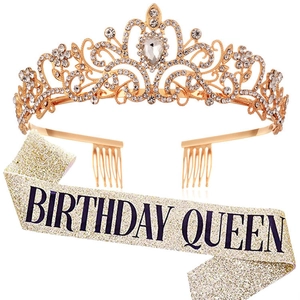 Birthday Queen Girl Rose Gold Tiara And Sash Set Alloy Rhinestone Crown Glitter Fabric Sash Birthday Party Decor Women