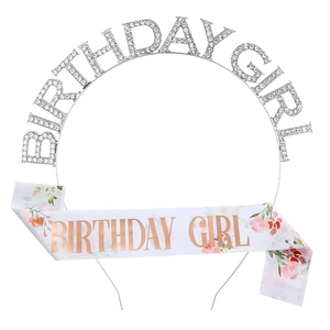 Set aus Geburtstagshaarreif mit Strass und weißer Satinschärpe mit roségoldenen Blumen