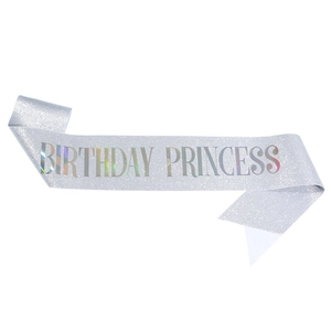 Silver glitter Birthday Princess sash with holographic lettering for birthday party set