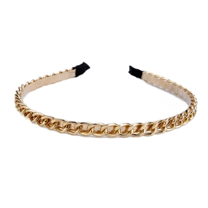 Chic gold metal chain headband for women with comfortable black soft fabric wrap ends