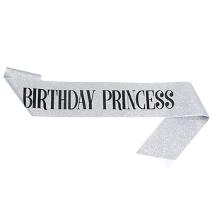 Silver glitter birthday princess sash with bold black lettering and fishtail cut