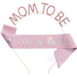 Pink rhinestone Mom to Be headband and glitter sash set for baby shower parties