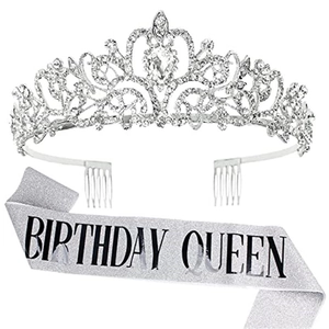 Birthday set with silver rhinestone crown and silver glitter Birthday Queen sash