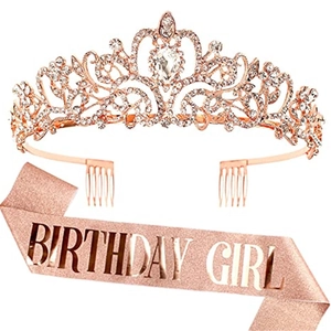 Rose gold Birthday Girl sash and rhinestone tiara set for women's birthday party decoration