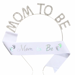 Sparkling crystal Mom to Be tiara and white satin sash set for baby shower parties