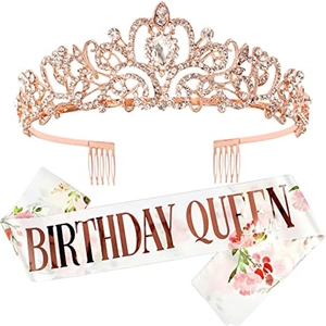 Rose gold birthday party set with crystal crown and Birthday Queen floral sash