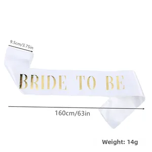 Close-up of white satin Bride To Be sash with gold lettering, 160cm length and 9.5cm width