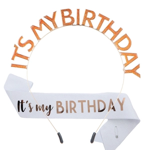 Sparkling IT'S MY BIRTHDAY metal crown headband and sash set for birthday party decorations