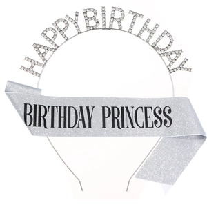 Silver Birthday Princess set with rhinestone crown headband and glitter sash for parties